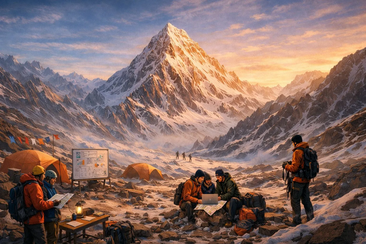 Expedition team planning at base camp below a snow-covered peak at sunrise