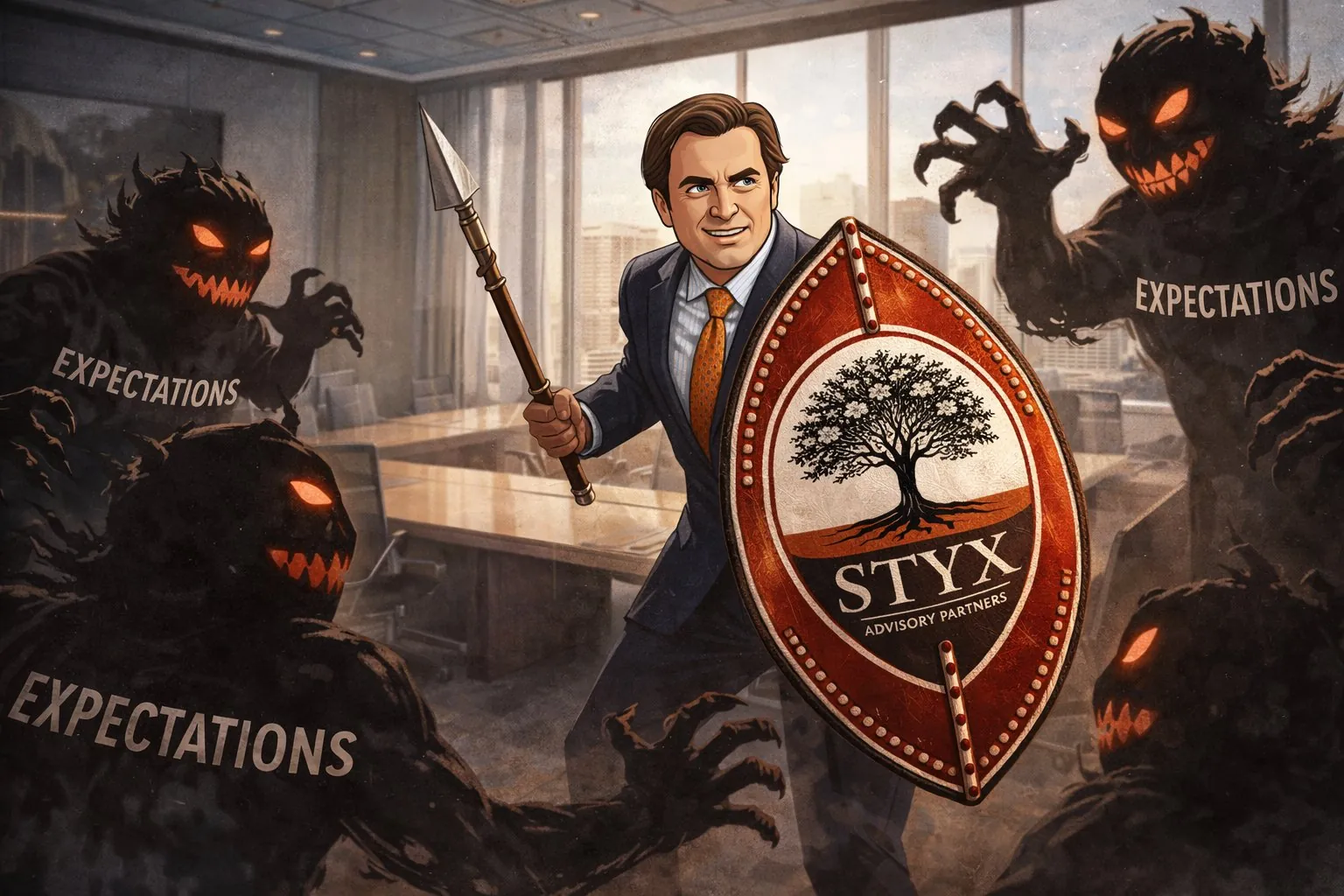 Illustration of an advisor in a boardroom holding a Styx shield against shadowy figures labeled Expectations