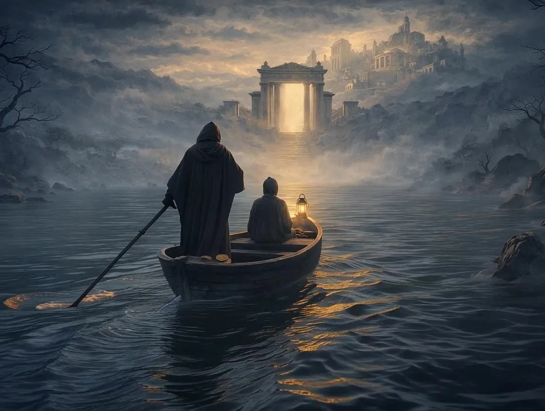 Ferryman rowing a passenger with a lantern across dark water toward a glowing gate