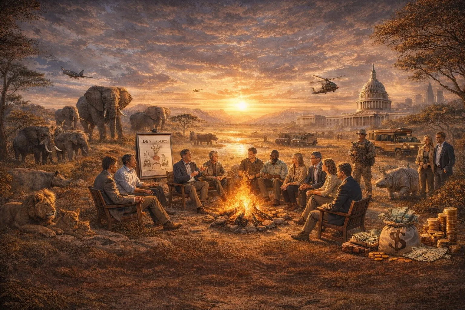 Advisors, conservationists and policymakers gathered around a campfire on the savanna, with the U.S. Capitol in the distance