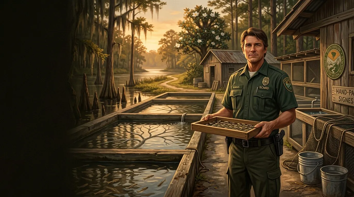 Illustration of a South Carolina fish hatchery with an officer holding a tray of fingerlings beside the raceways