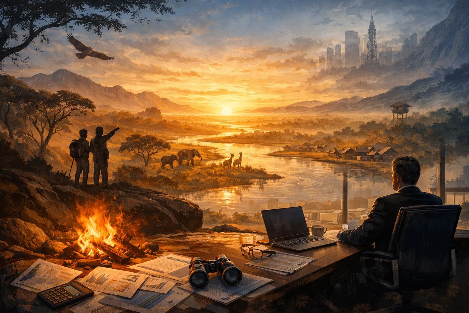Advisor at a desk overlooking a river valley at sunrise, with guides at a campfire and wildlife on the far bank